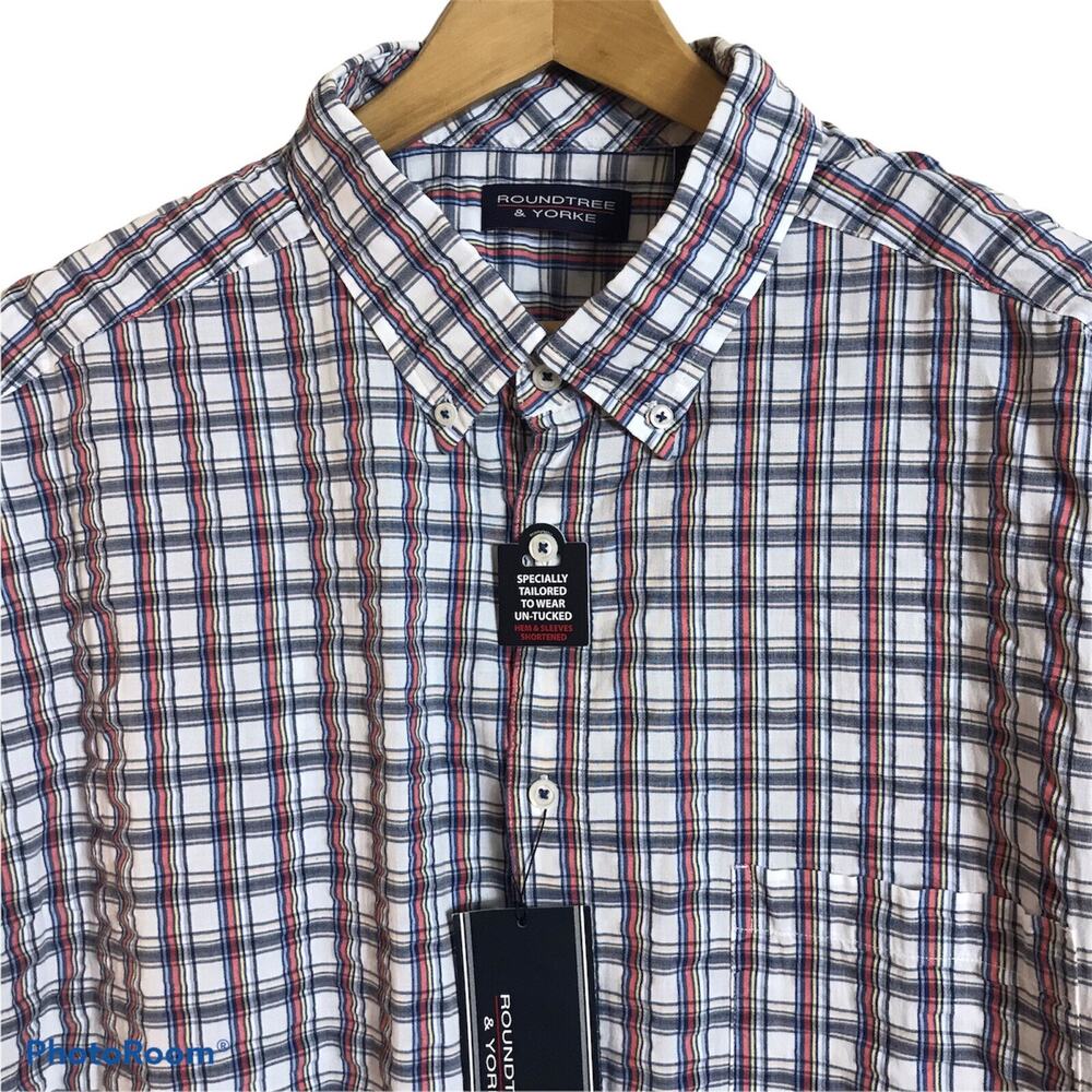 Roundtree Yorke Seersucker Shirt Mens Large Cooler Comfort Plaid Button Down NEW